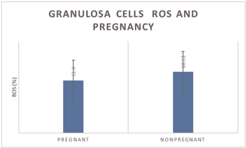 Granulosa cells ROS and pregnancy outcomes. ROS, reactive oxygen species. t-statistic value = –1.408; DF = 46; P = 0.1658.