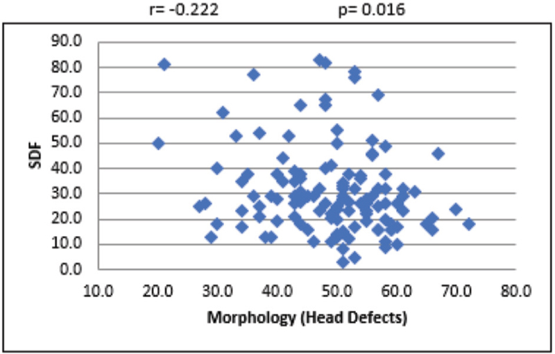 Scattered diagram of head defect morphology sperm (%) with SDF. SDF, sperm DNA fragmentation.