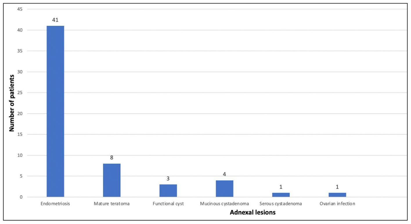 Distribution of various benign adnexal lesions (n = 58).