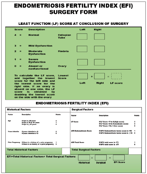 Endometriosis Fertility Index (EFI) system where the number shows the probability that a woman will become pregnant naturally after having endometriosis surgically confirmed (modified from doi: 10.12701/yujm.2020.00444 with permission of Elsevier)